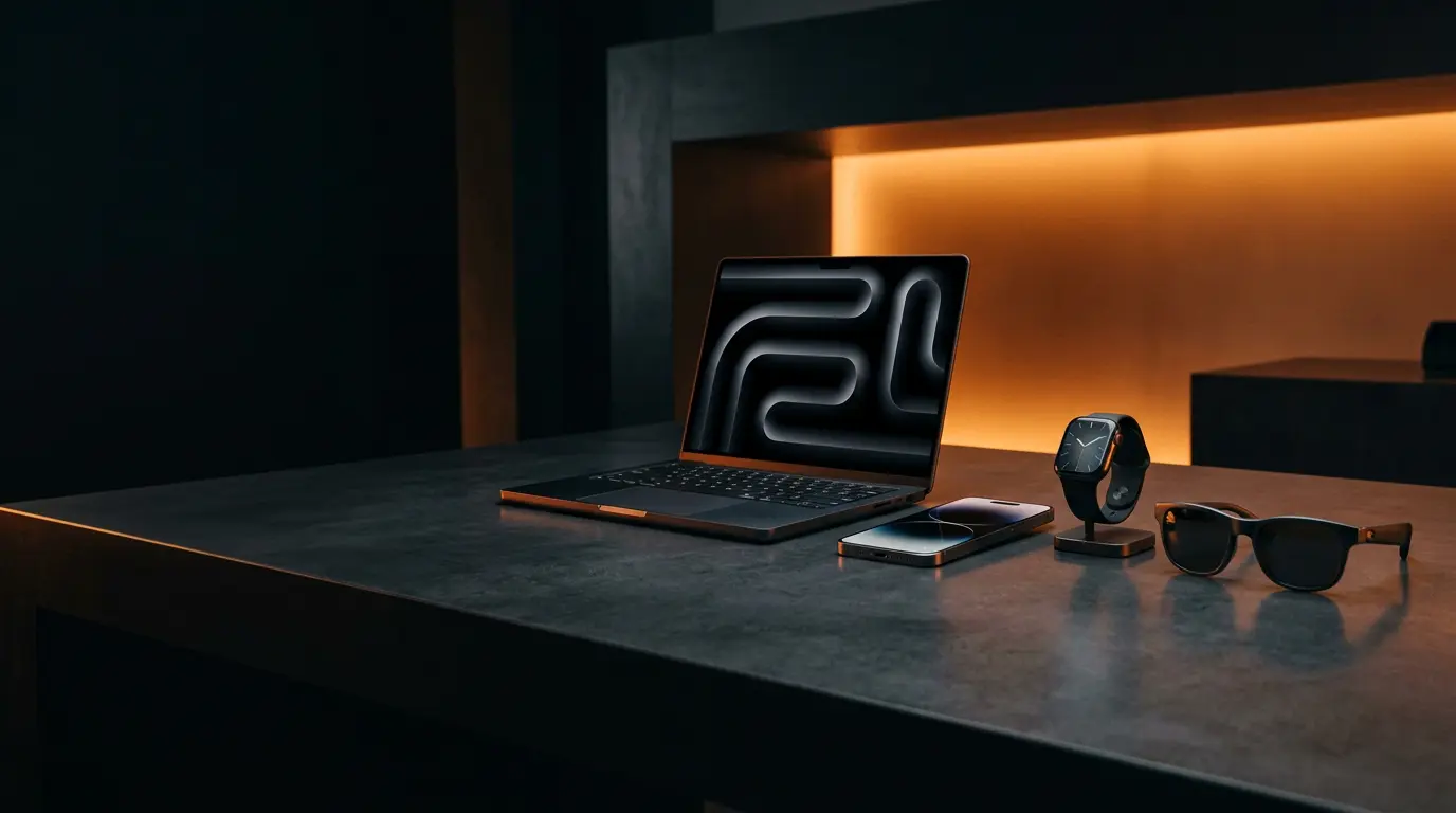 Laptop, smartphone, smartwatch and smart glasses on a dark desk